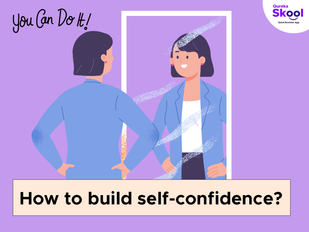 A girl looking in the mirror trying to build self-confidence